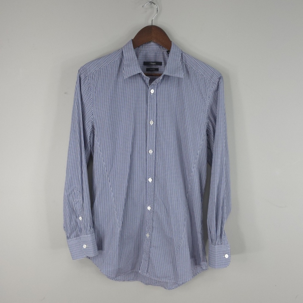 Z Zegna Dress Shirt Mens 16 34/35 Blue Gingham Slim Fit Drop 8 Cotton Luxury